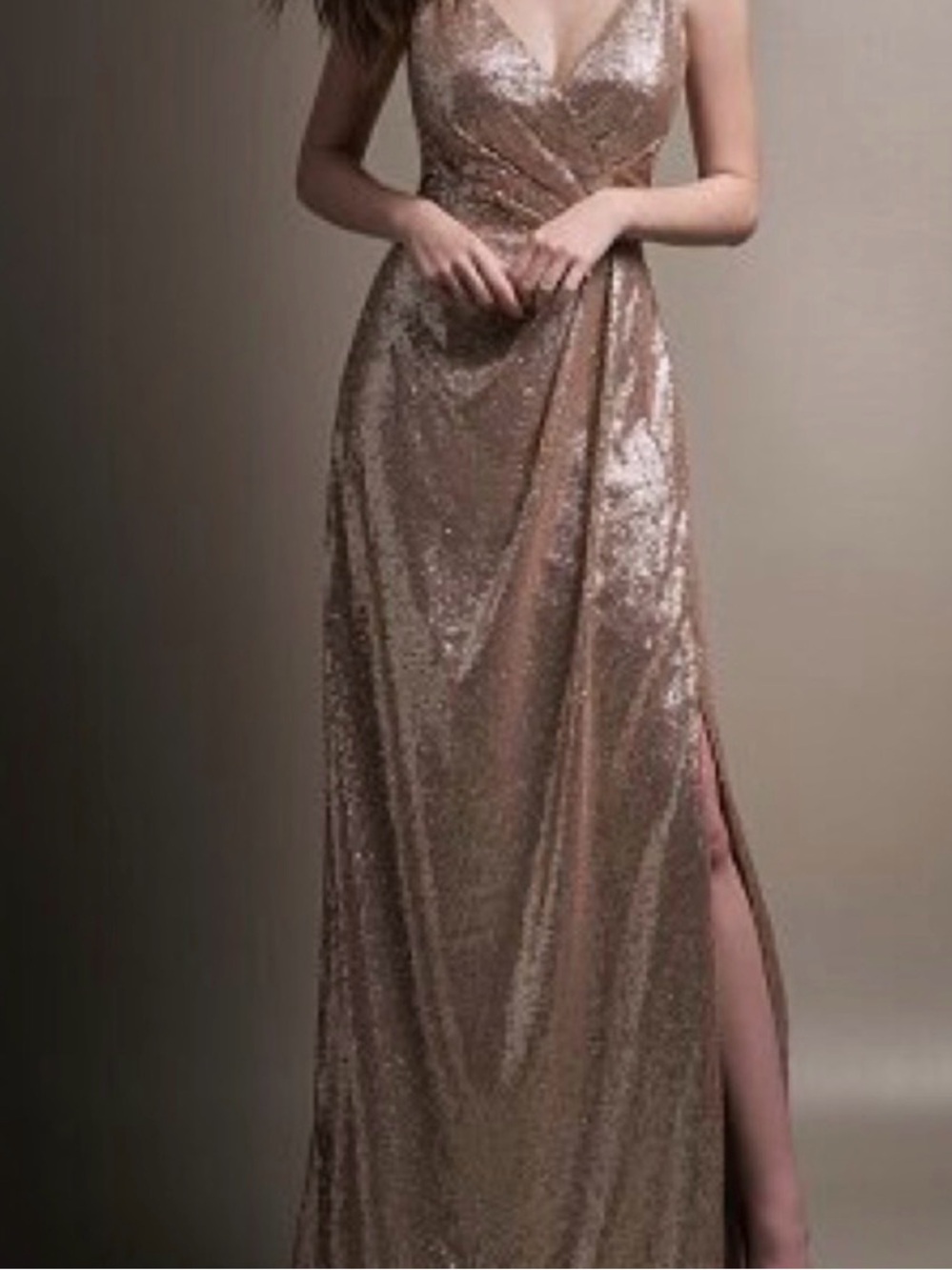 Sparkling Rose Gold Sequin Maxi Dress with V-Neck